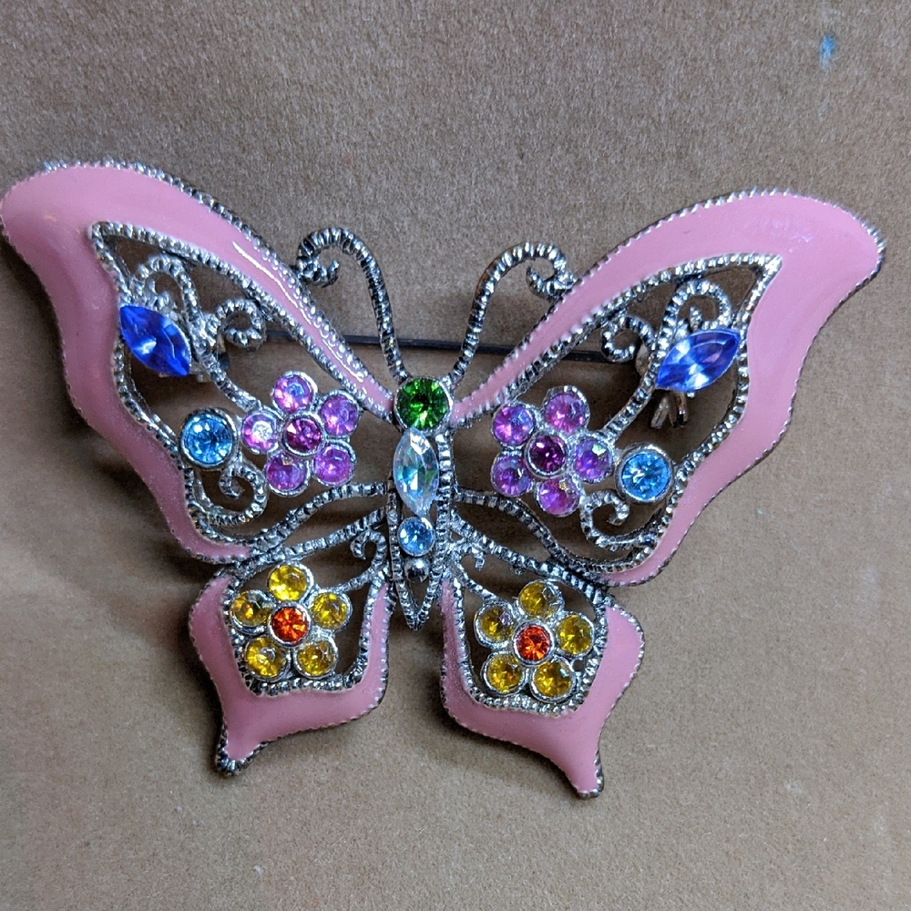 Vintage Colorful Butterfly Brooch with Pink Enamel
